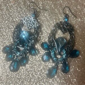 Filigree Teardrop Dangle Earrings with Teal Blue Crystals